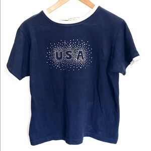 USA Jeweled Navy Blue White Boxy Ringer T Shirt